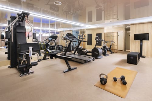 Centre de remise en forme moderne de l'Hôtel Residence Europe & Spa à Clichy avec équipements de cardio, poids et commodités de gym