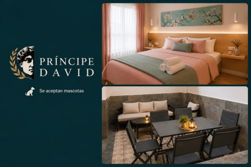 Hotel Príncipe David Toledo: dormitorio de lujo con ropa de cama rosa y terraza exterior con zona de descanso
