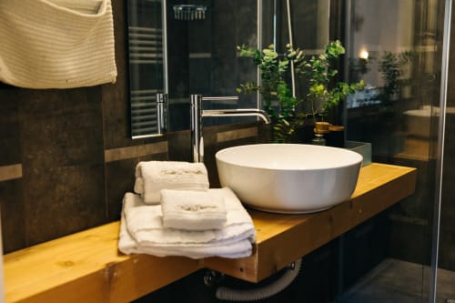 Modern bathroom sink with white ceramic bowl, towels, and potted plants at Tenuta Fascianello, Fasano