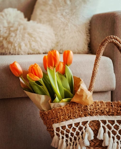 Tulipes oranges dans un panier tressé sur un canapé beige à Sablé & Pampas, Carnon-Plage