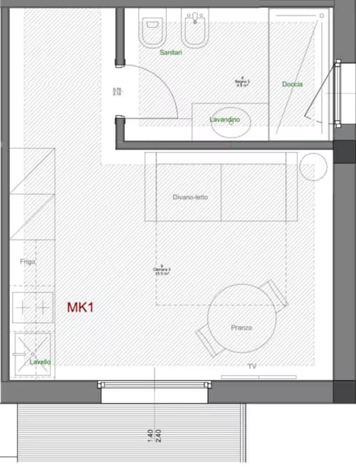 Planimetria dello studio MK1 presso Like at Home Palau con camera da letto, cucina, bagno e zone living