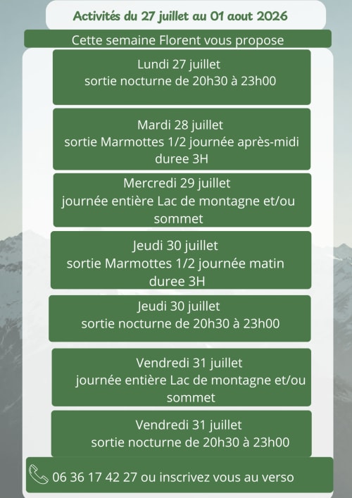 Activités aux Hauts d'En Castel Ax-les-Thermes : événements du 27 juillet au 1er août incluant sorties marmottes, randonnées lac montagne
