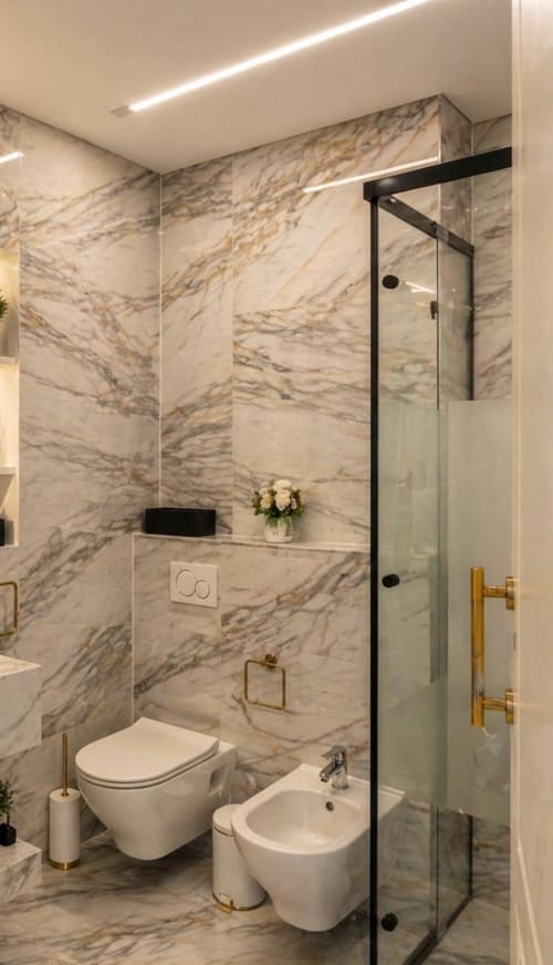 Bagno moderno in marmo con doccia, wc e bidet nell'appartamento Gold a Sharm el Sheikh