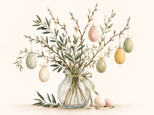 Easter floral arrangement with decorated eggs and spring branches in glass vase at Agriturismo La Frattina