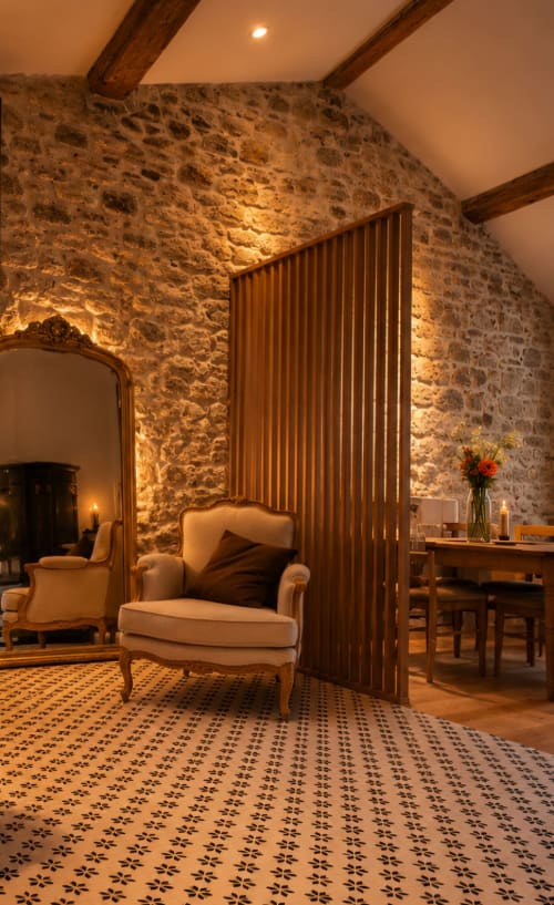 Suite élégante à la Bastide la Mourelette à Toulon avec murs en pierre, poutres en bois et mobilier d'époque