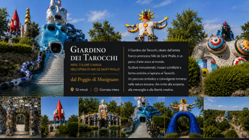 Parco artistico Giardino dei Tarocchi vicino a Il Poggio di Musignano a Canino, Italia con sculture musive colorate e monumenti