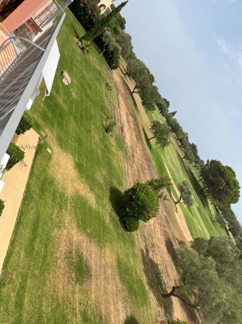 Jardín cuidado con césped verde, árboles y senderos en Sant Jordi con vistas al golf y piscina