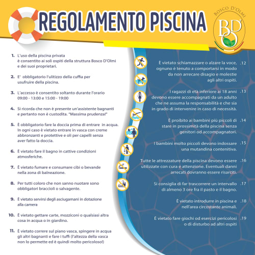 Swimming pool rules poster for Bosco d'Olmi country house in Sant'Andrea del Garigliano, Italy