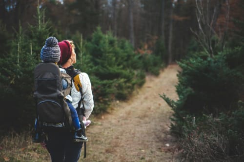 Hiker with backpack on forest trail near Country House Bosco d'Olmi, Sant'Andrea del Garigliano