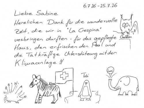 Note de remerciement manuscrite avec dessins d'animaux et croix médicale, datée du 6.7 au 25.7.26