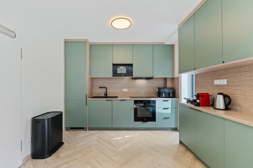 Kitchenette moderne aux armoires vert sauge, comptoirs en bois et électroménagers inoxydables - Mattbnb Ankoni Stay 3.2