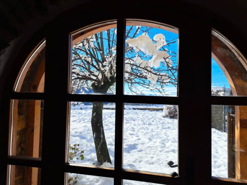 Paisaje invernal nevado con árbol cubierto de escarcha visto a través de la ventana de la casita en L'Orri Rectoria Nova, Campelles