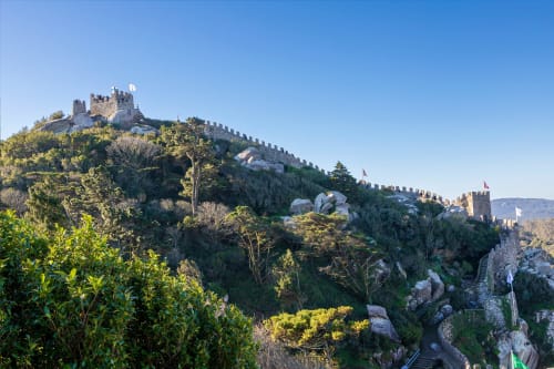 Ruínas de castelo medieval no topo de colina arborizada em Sintra, Portugal, sob céu azul limpo