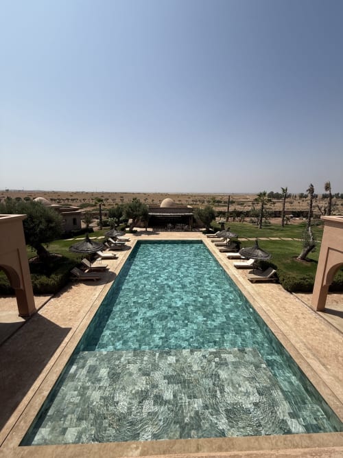 Piscine rectangulaire à la Villa Rêve D'ahlam avec transats, palmiers et paysage désertique à Jbilate, Maroc