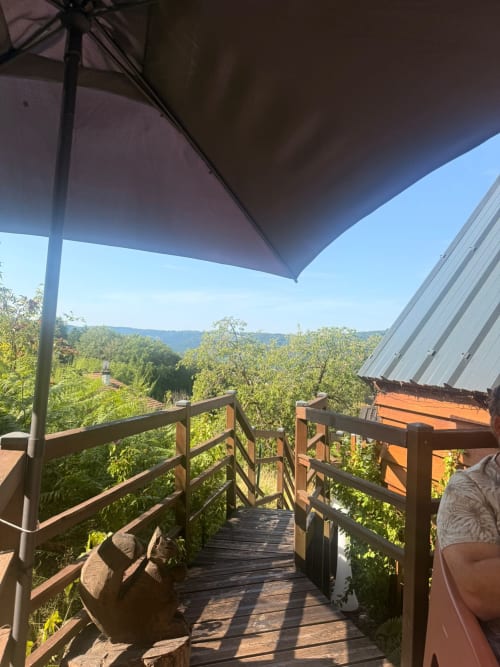 Terrasse en bois avec parasol surplombant une vallée forestière montagneuse aux Cabanes des Marchous à Granges-Aumontzey
