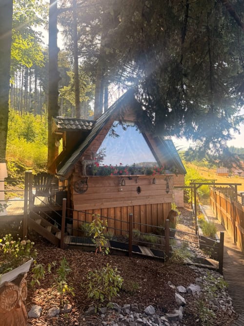 Cabane perchée Marmotte aux Cabanes des Marchous, entourée de grands pins à Granges-Aumontzey