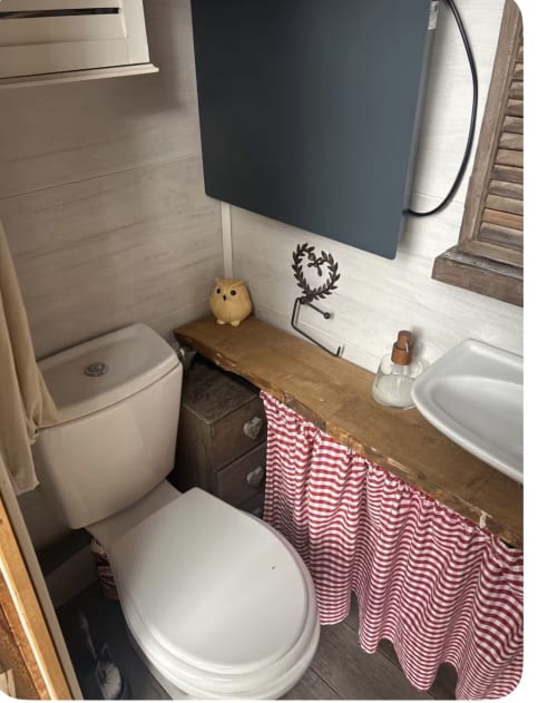 Salle de bain cosy de la cabane Chouette avec toilettes blanches, meuble vasque en bois, rideau rayé rouge et décor hibou aux