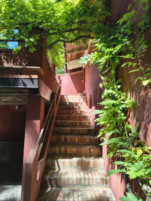 Lush vine-covered pathway with brick steps leading to Garden Loft entrance at Veneto Villa B&B in Sant'Agostino