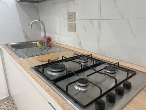 Moderna cucina con piano cottura a gas e lavello in acciaio inossidabile nella Dream Suite Bologna