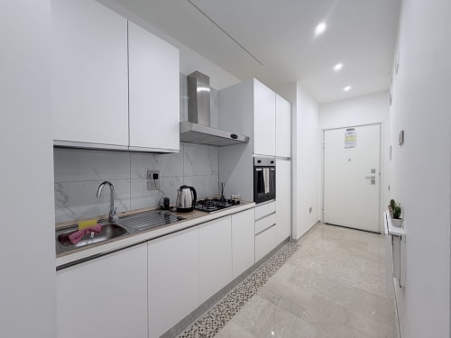 Cucina moderna bianca con rivestimento in marmo, piano cottura a gas e elettrodomestici in acciaio inox nell'appartamento Dream Suite Bologna