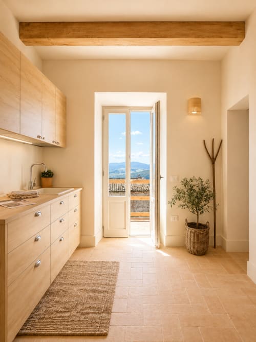 Bright Tuscan kitchen with wood cabinetry, terracotta floors, and French doors opening to mountain views in Montemassi