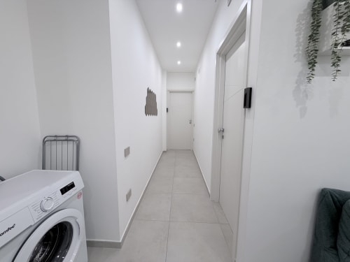 Moderno corridoio nella Dream Suite Bologna con lavatrice, porte bianche, pavimentazione in piastrelle e piante sospese alle pareti