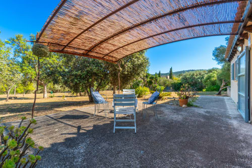 Zona de estar al aire libre bajo pérgola de madera en el hotel Massa Properties de Artà, España, con olivos y ambiente mediterráneo