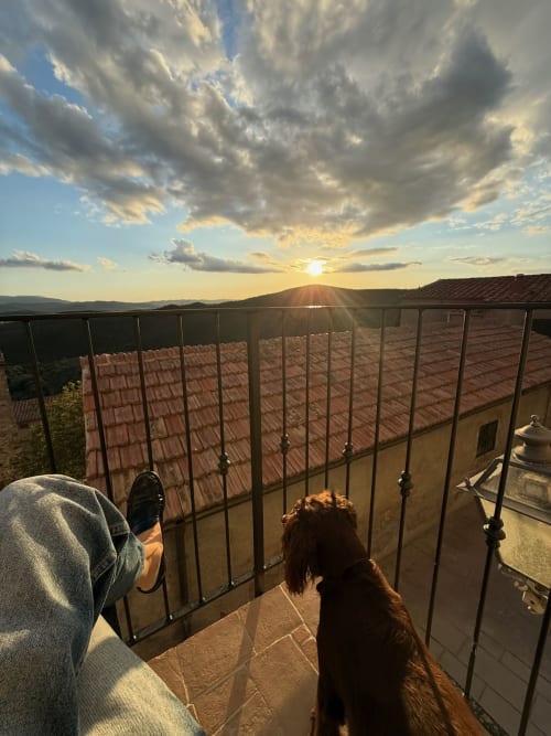 Person and dog on Tuscan townhouse terrace at sunset overlooking Montemassi countryside and hills