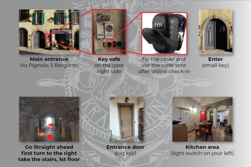 Istruzioni per l'ingresso al Kraken Inn: entrata principale, cassaforte per chiavi, accesso tramite codice, porte, scale per primo piano, area cucina