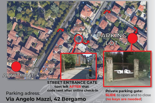Istruzioni di parcheggio per The Kraken Inn a Bergamo: cancello ingresso strada, cancello parcheggio privato e mappa ubicazione parcheggio.