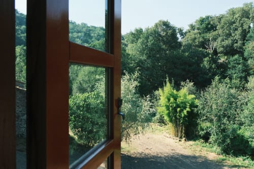 Vista desde la ventana del Apartamento Cerezos en Casa Grande de Covas, Taboada, mostrando bosque exuberante y paisaje ribereño