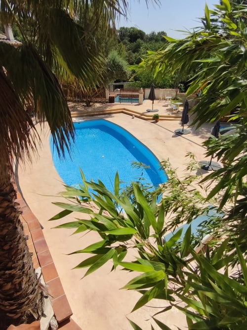 Piscine bleue de l'Au bon vivre B&B à Vives, France, entourée de jardins tropicaux et d'espaces de détente