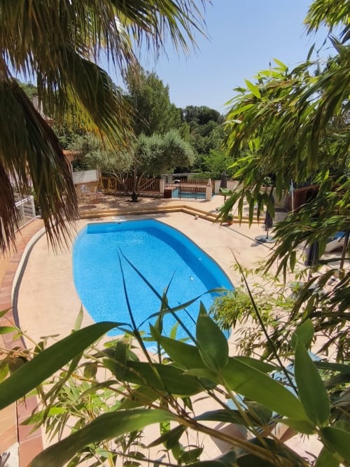 Piscine bleue entourée de palmiers et de jardins à Au bon vivre BnB à Vives, France