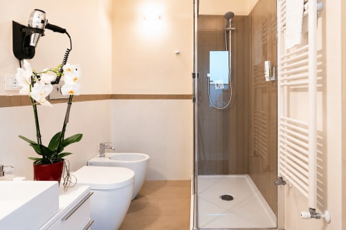 Bagno moderno con doccia walk-in, sanitari bianchi e orchidea presso il B&B Pellicano a Reggio Calabria