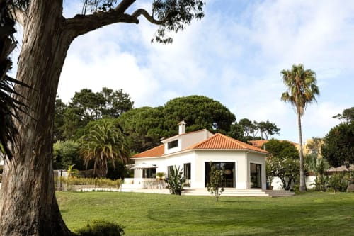 White villa with terrace and garden at Sea'Ya Casa Pavão in Colares, Portugal, surrounded by palm trees and green lawn