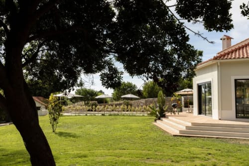 Sea'Ya Casa Pavão villa in Colares with manicured lawn, shaded tree, modern terrace, and pool view beyond stone wall