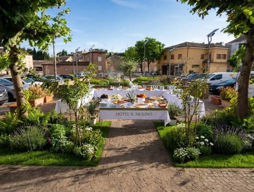 Giardino esterno di Hotel Il Mulino con tavolo buffet e architettura italiana a Villalunga di Casalgrande