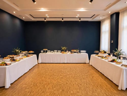 Sala banchetti elegante dell'Hotel Il Mulino con tovaglie bianche, esposizione catering, pareti blu scuro e pavimento in legno