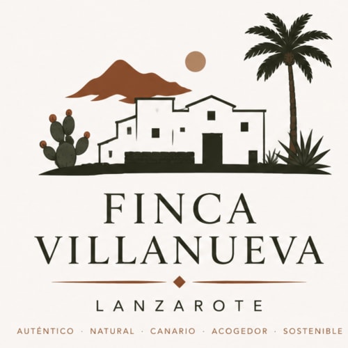 Logo Finca Villanueva Lanzarote con villa blanca, palmera, cactus y montaña en Mala, España