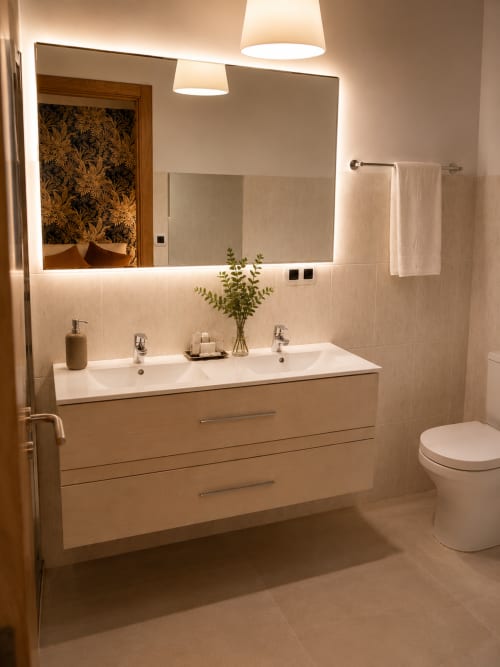 Baño moderno en apartamento Casa Grande de Covas con doble lavamanos, espejo iluminado y comodidades en Taboada, Lugo