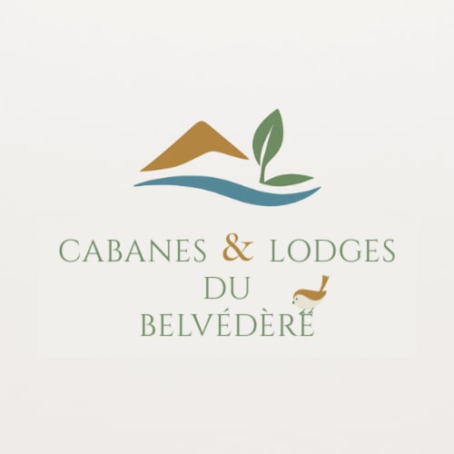 Cabanes & Lodges du Belvédère logo featuring a hand, mountain, and leaves in earthy tones