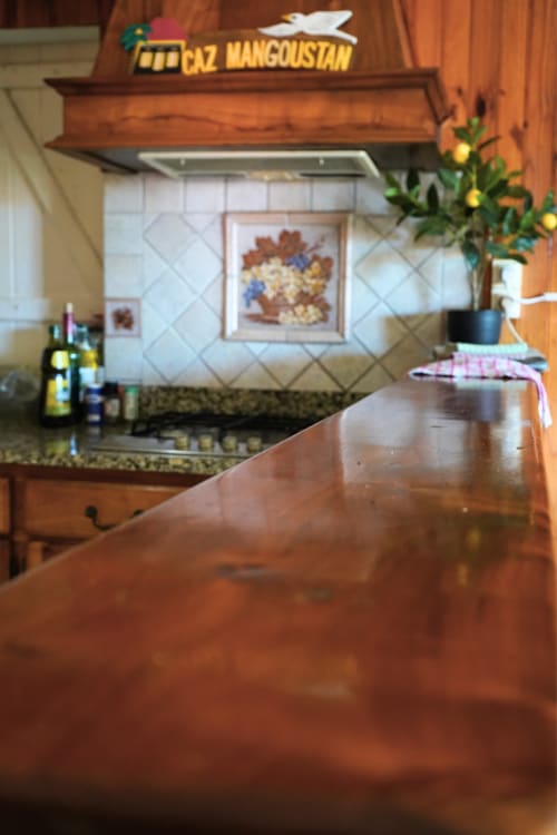 Cuisine du gîte Caz' Mangoustan à la R'marine439 BnB à Sainte-Rose avec comptoir en bois et décor fruité