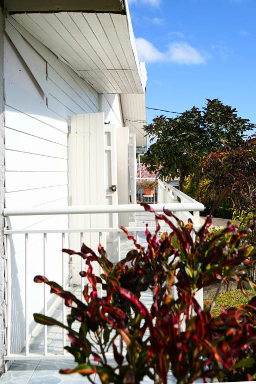 Balcon blanc du gîte R'marine439 à Sainte-Rose avec fleurs tropicales rouges et vue sur le jardin
