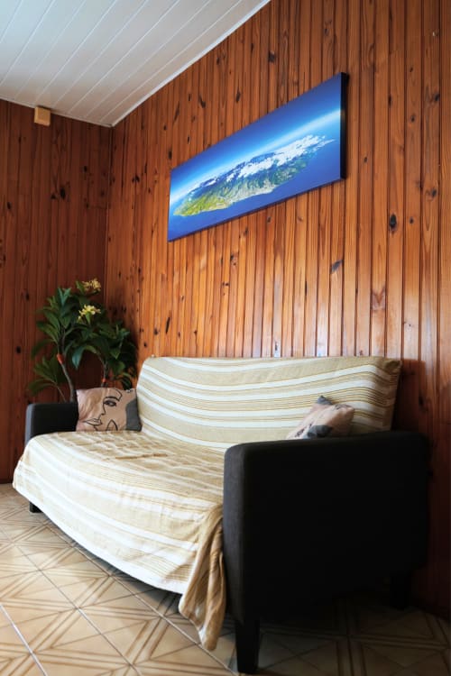 Salon chaleureux de la chambre R'marine439 avec murs en bois, canapé beige rayé, plante en pot et décor mural pittoresque