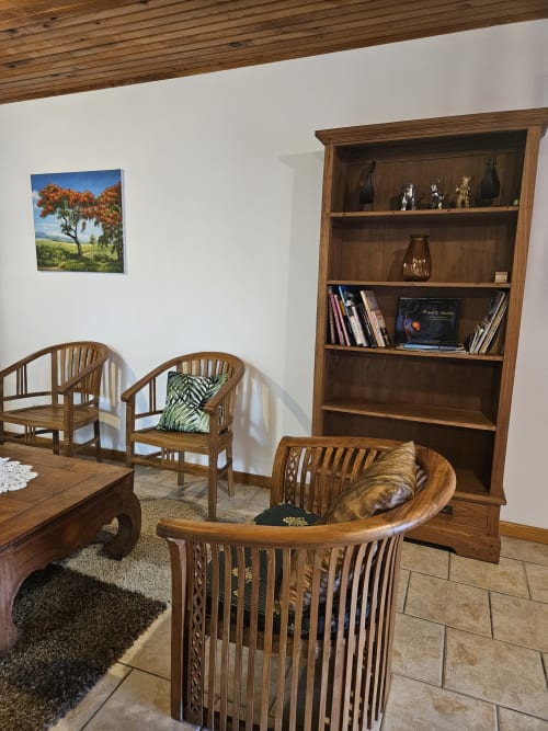 Élégant espace de détente en bois avec fauteuils courbes et bibliothèque intégrée à la villa R'marine439 à Sainte-Rose, Réunion