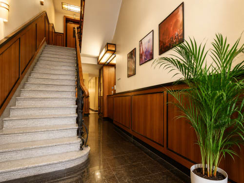 Elegant staircase in Hotel De La Poste lobby, Luxembourg, with wood paneling and potted plant