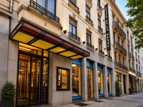 Façade illuminée de l'Hôtel De La Poste à Esch-sur-Alzette, architecture parisienne classique