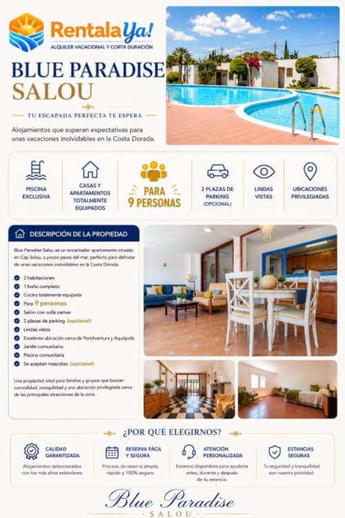 Blue Paradise Salou apartment rental in Costa Dorada with pool, parking, and ocean views for families