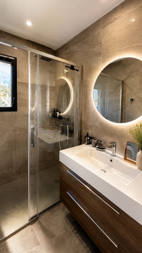 Salle de bain luxe moderne à Villa Cinto en Corse avec piscine chauffée, murs en marbre, miroir rond éclairé LED et douche pluie