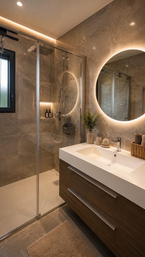Salle de bains moderne et luxueuse avec murs en marbre, miroir rond éclairé et douche vitrée à la Villa Cinto, Corse